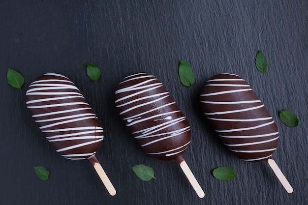 Flat lay of chocolate ice cream