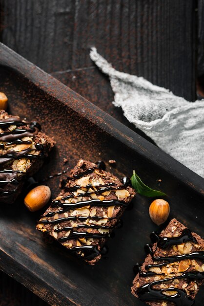 Flat lay chocolate nut brownies on tray