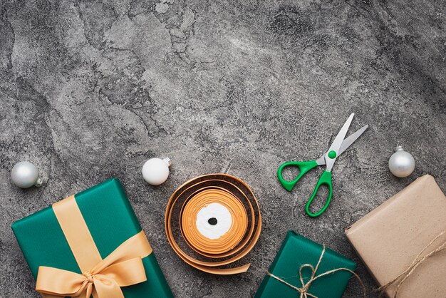 Flat lay of christmas gift on marble background