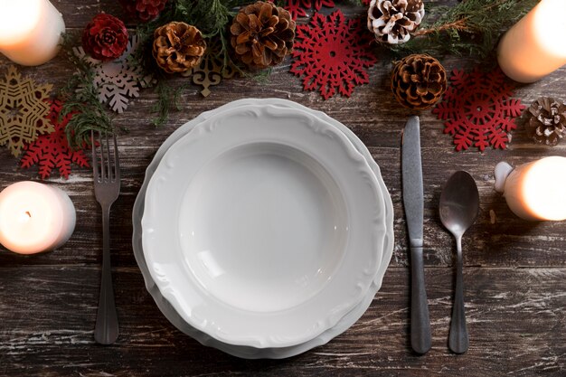 Flat lay christmas tableware composition