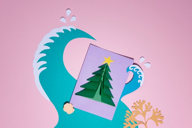 Flat lay christmas tree and waves