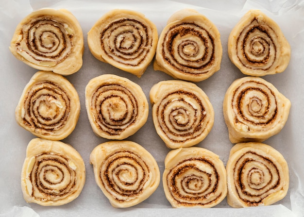 Flat lay cinnamon rolls on tray