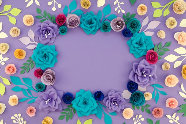 Flat lay circular floral frame with copy-space