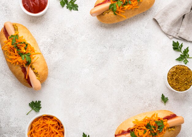 Flat lay circular hot dogs frame