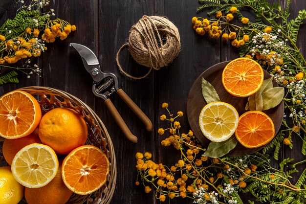 Flat lay of citrus fruits with string and scissors