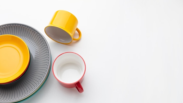 Flat lay clean tableware copy space