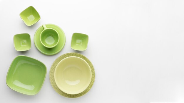 Flat lay clean tableware set with copy sapce