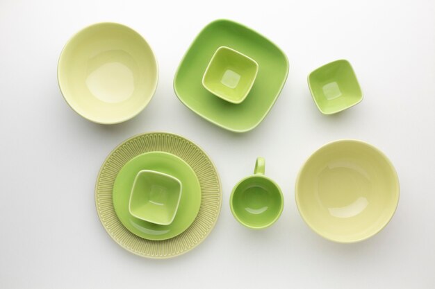 Flat lay clean tableware set