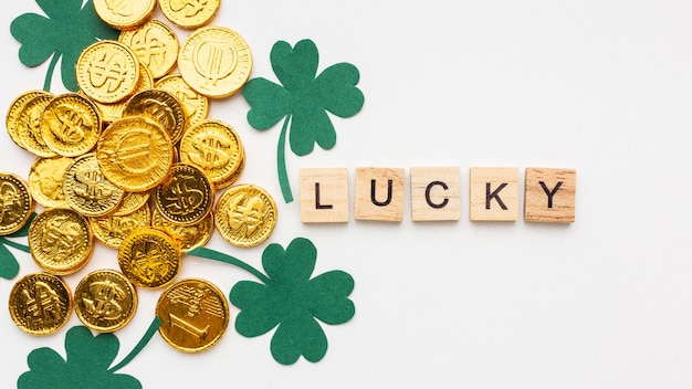 Free photo flat lay clovers and gold coins