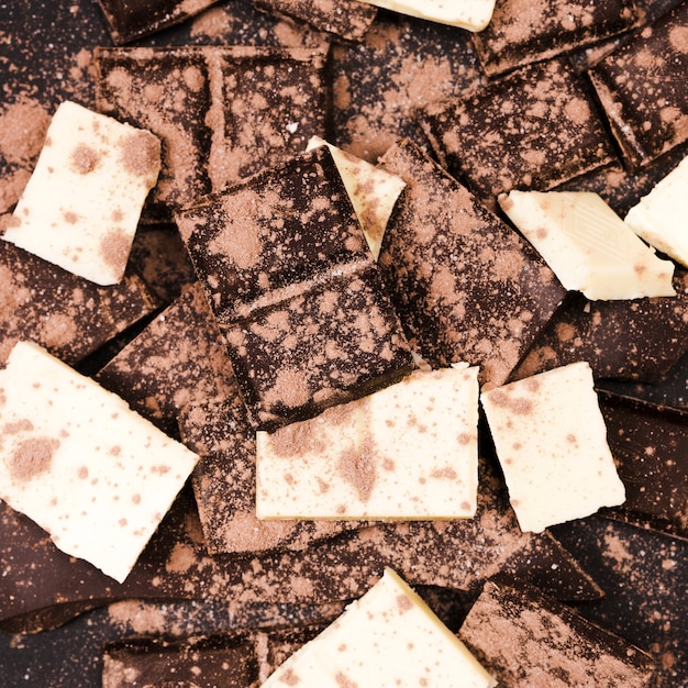 Flat lay cocoa powder covering dark and white chocolate