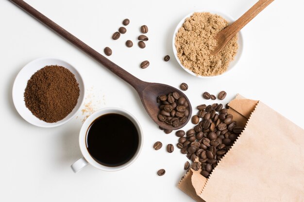 Flat lay coffee beans and powder