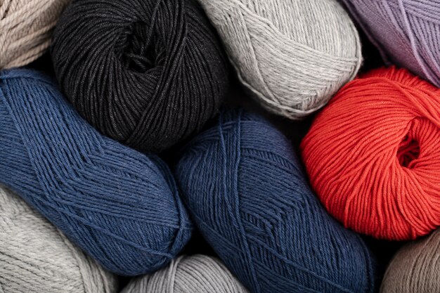 Flat lay of colored wool yarn