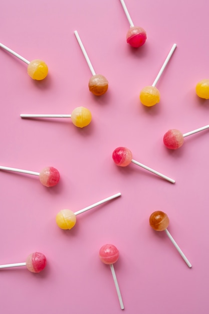 Flat lay colorful ball lollipops