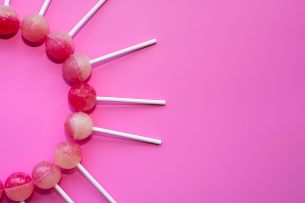 Flat lay colorful ball lollipops