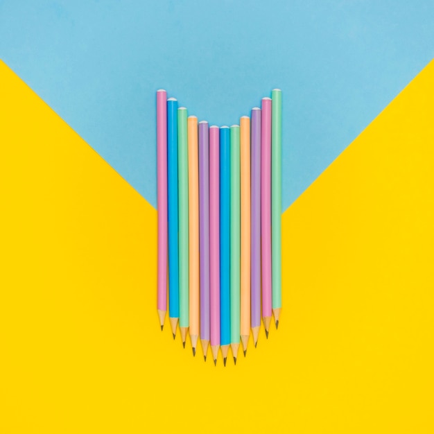 Flat lay of colorful office pencils