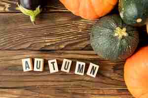 Free photo flat lay colorful pumpkins with autumn lettering