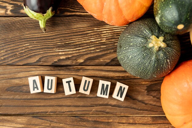 Flat lay colorful pumpkins with autumn lettering 