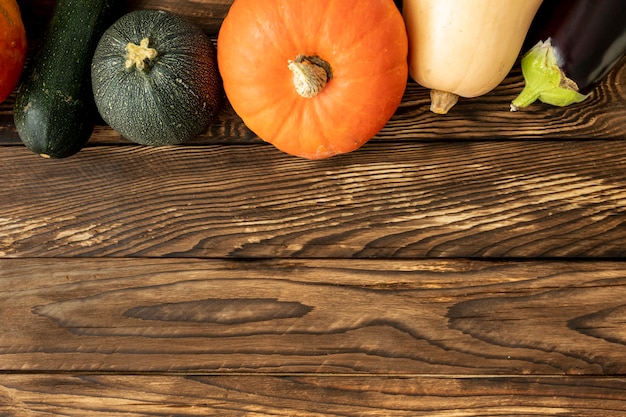 Free photo flat lay colorful pumpkins with copy space