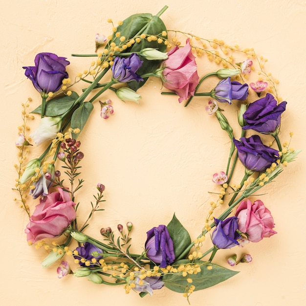 Flat lay colorful roses wreath