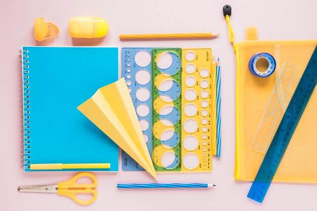 Flat lay colorful school supplies