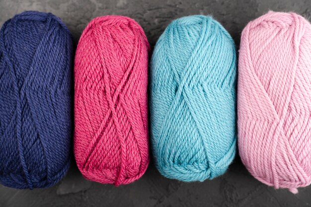 Flat lay of colorful wool yarn