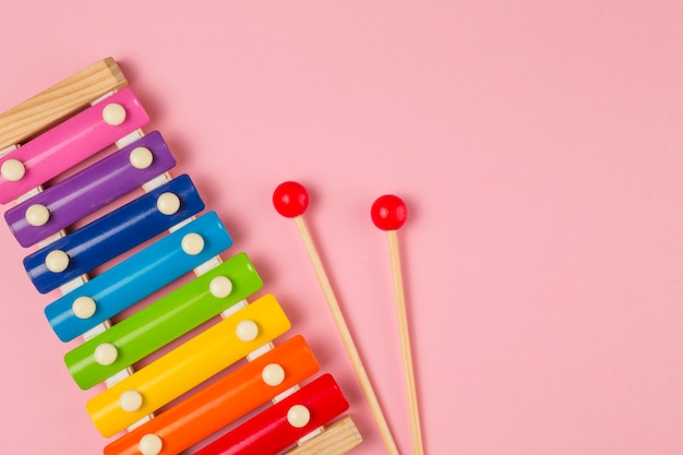 Flat lay of colorful xylophone for baby shower