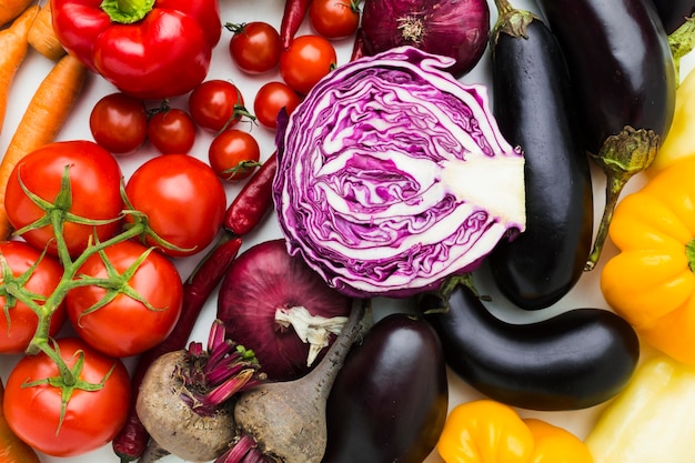 Flat lay colourful assortment of vegetables