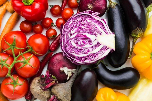 Flat lay colourful assortment of vegetables