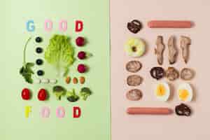 Бесплатное фото Сравнение плоской планировки между овощами и мясом