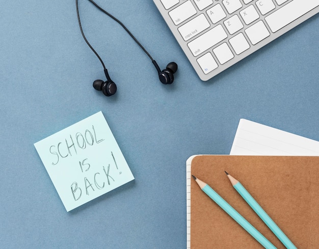 Flat lay composition of back to school still life elements