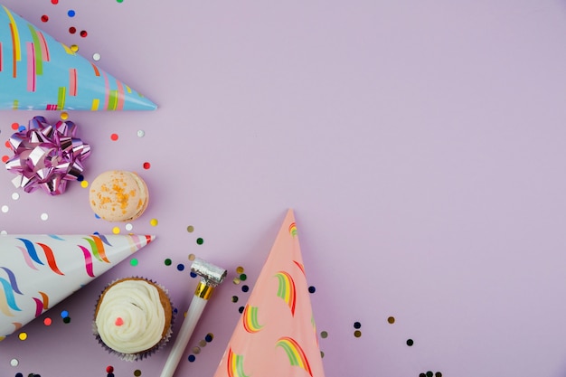 Flat lay composition of birthday elements with copyspace