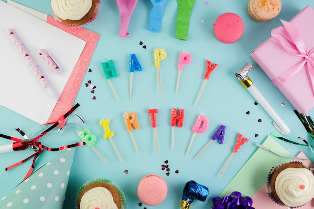 Free photo flat lay composition of birthday elements