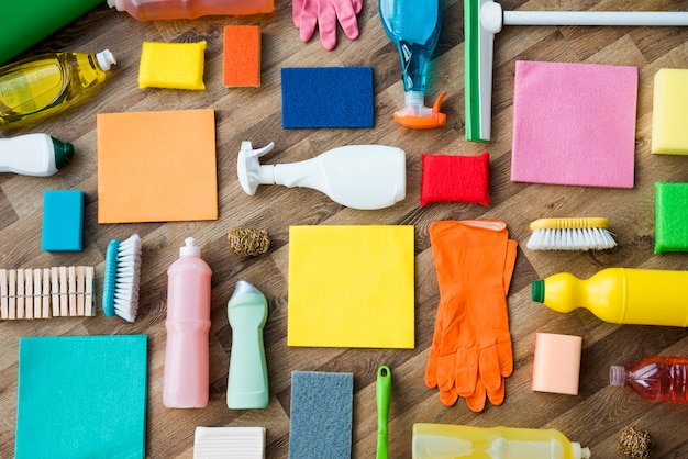 Flat lay composition of cleaning products