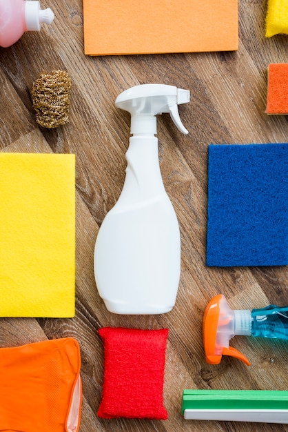 Flat lay composition of cleaning products