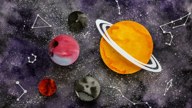 Flat lay composition of creative paper planets