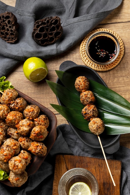 Flat lay composition of delicious indonesian bakso