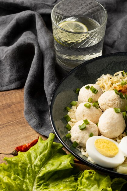 Flat lay composition of delicious indonesian bakso