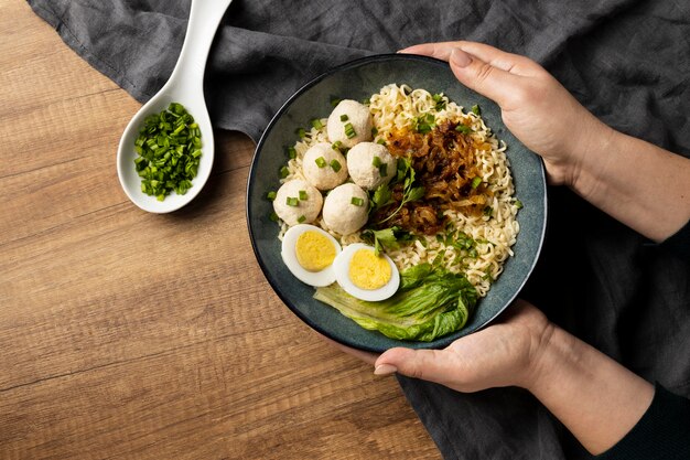 Flat lay composition of delicious indonesian bakso