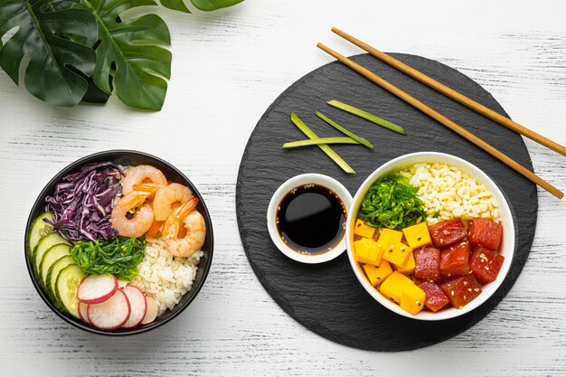 Flat lay composition of hawaiian poke bowl