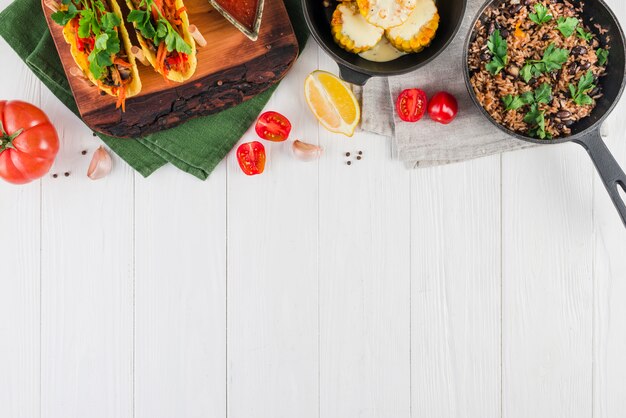 Flat lay composition of mexican food with copyspace