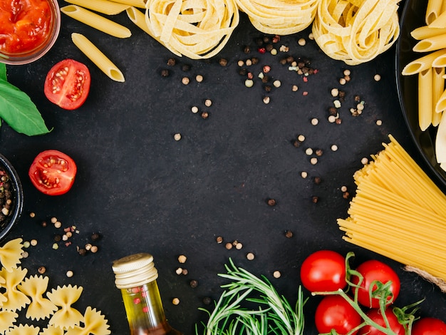 Flat lay composition of pasta with copyspace