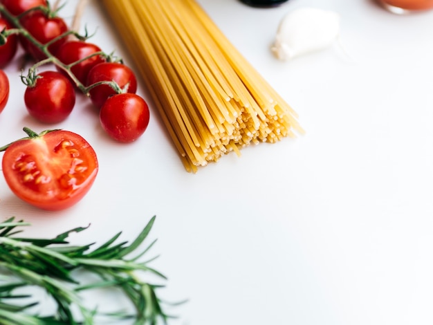 Flat lay composition of pasta with copyspace