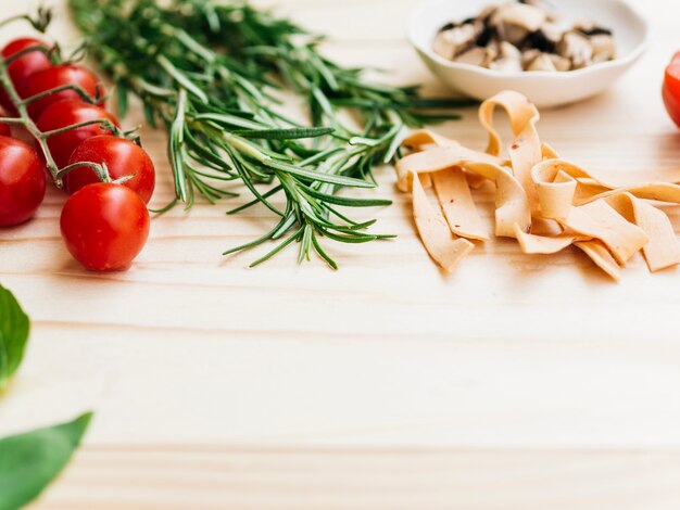 Flat lay composition of pasta with copyspace