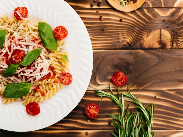 Flat lay composition of pasta with copyspace