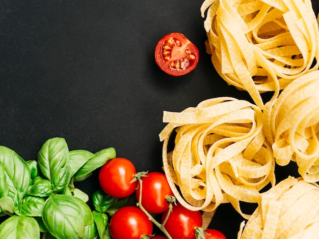 Flat lay composition of pasta with copyspace