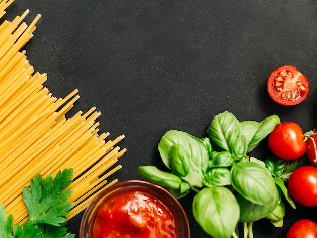 Flat lay composition of pasta with copyspace