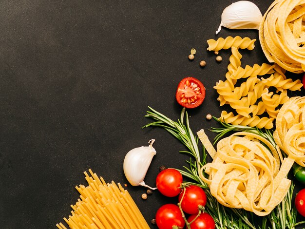 Flat lay composition of pasta with copyspace