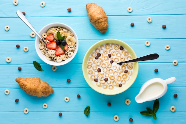 Flat lay composition of a tasty breakfast table