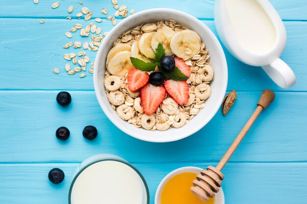 flat lay composition of a tasty breakfast table
