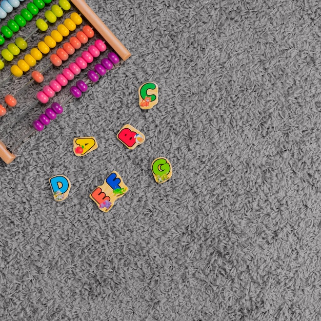 Flat lay composition of toys with copyspace